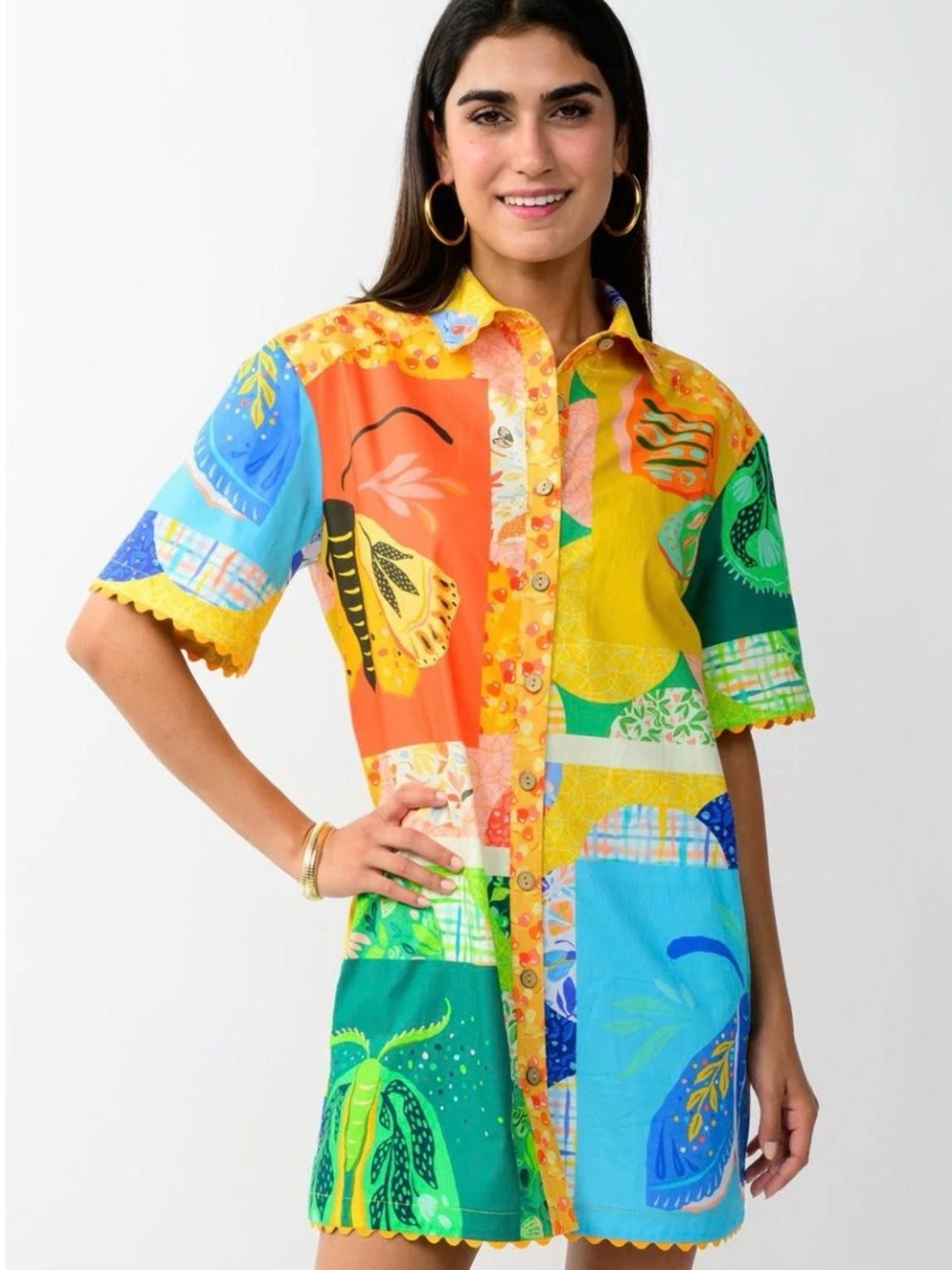 Colorful Butterfly Patchwork Button-Up Dress